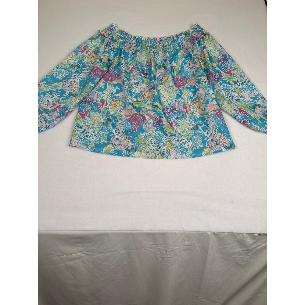 Charlie Paige‎ Off The Shoulder Blouse XL Blue Floral Coral Tropical Smocked Top
